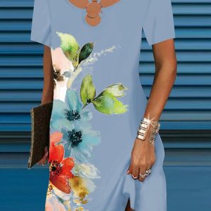 Casual Floral Loose Dress, Dresses, color:Blue|size:XXL, JustFashionNow