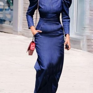 Crew Neck Urban Regular Fit Denim Dress, Maxi Dresses, color:Blue|size:XXL, Stylewe