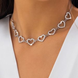 Elegant Heart Pattern Diamond Necklace Choker Festival Party Female Jewelry, Necklaces, color:Silver|size:One-size, JustFashionNow