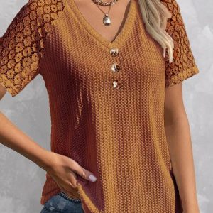 V Neck Buckle Polyester Cotton Casual Shirt, Shirts & Blouses, color:Khaki|size:XS, JustFashionNow