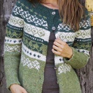 Women Yarn/Wool Yarn Fair Isle Long Sleeve Comfy Casual Cardigan, Cardigans, color:Green|size:XXL, Noracora