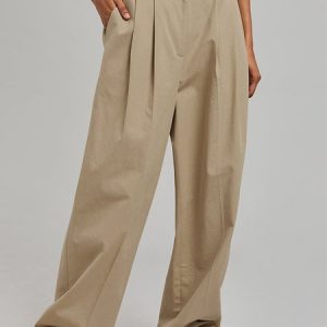 Casual Plain Mid Waist Long Pocket Stitching Wide Leg Pants, Pants, color:Khaki|size:L, Noracora