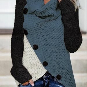 Ladies Irregular Knit Turtleneck Shift Turtleneck Long Sleeve Sweater, Sweaters, color:Blue|size:XXL, JustFashionNow