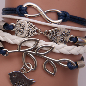 Women's Vintage Leaf Owl Multi-layer Bracelet, color:Navy Blue, Lilicloth.com