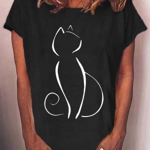 Women’s Cat Print Casual T-Shirt, T-shirts, Lilicloth.com