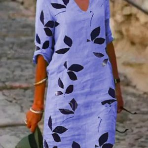 Floral-Print Basic Half Sleeve Weaving Dress, Casual Dresses, color:Purple|size:XS, JustFashionNow