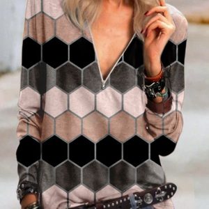 Loose V Neck Color Block Casual T-Shirt, T-Shirts, color:Multicolor|size:XXL, JustFashionNow