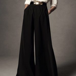 Stylewe Plain Fashion Mid Waist Wide leg Pants, Pants, color:Black|size:XXL, Stylewe