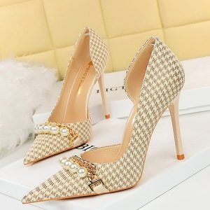 Elegant Chain Imitation Pearl Houndstooth Stiletto Heel Side Cutout Pumps, Heels, color:Apricot|size:43, Stylewe