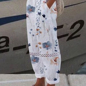 Floral Printed Casual Lace Pants, Pants, color:White|size:XXL, JustFashionNow