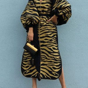 Urban Abstract Long Sleeve Midi Dress With Belt, Midi Dresses, color:As Picture|size:XXL, Stylewe