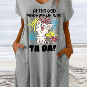 Women's Funny Cat After God Made Me He Said Ta Da Casual V Neck Loose Dress, color:Gray|size:3XL, Lilicloth.com