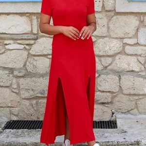 Crew Neck Regular Fit Casual Daily Dress, Maxi Dresses, color:Red|size:XXL, Stylewe
