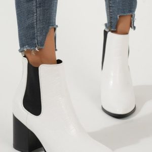 Simple Plain Zipper Block Heel Combat Boots, Boots, color:White|size:42, Noracora