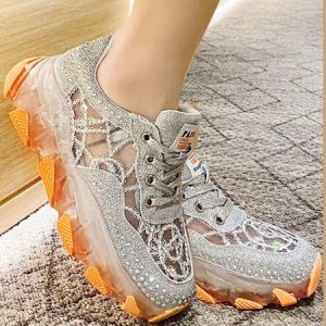 Rhinestone Mesh Glitter Stitching Sneakers, Sneakers, color:Orange Red|size:40, JustFashionNow