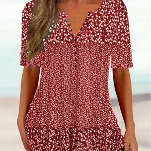 Women's Summer Tunics V Neck Floral Regular Fit Casual Shirt, Shirts & Blouses, color:Red|size:XXL, JustFashionNow