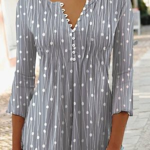 plus size Geometric Printed Jersey Casual Three Quarter Sleeve Top, TOPS, color:Gray|size:4X, Noracora