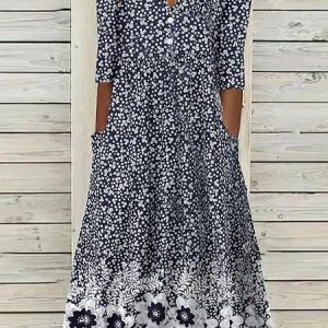 women's V Neck Casual Floral Short Sleeve Woven Dress, Midi, color:Dark Blue|size:XXL, Noracora