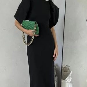 Boat Neck Regular Fit Plain Elegant Dress, Midi Dresses, color:Black|size:XXL, Stylewe