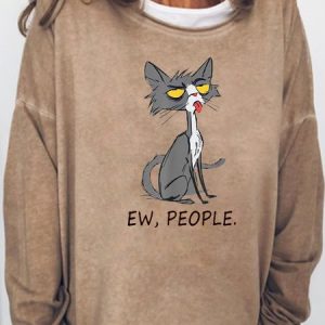 Women's Casual Funny Cat Ew People Meowy Cat Lovers weatshirt, color:Light Brown|size:3XL, Lilicloth.com