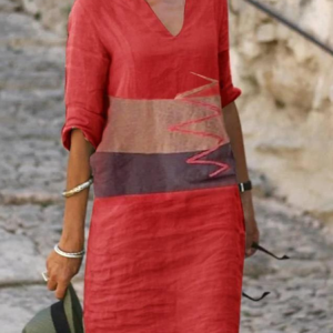 Color Contrast Casual Short Dress, Midi, color:Red|size:3XL, Noracora