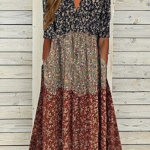 Floral Casual Notched Loose Maxi Dress, Midi, color:Multicolor|size:XXL, Noracora