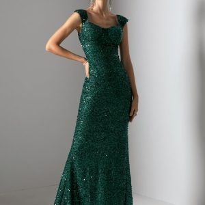 Wedding Plain Elegant Tight Square Neck Guest Dress, Maxi Dresses, color:Green|size:XXL, Stylewe