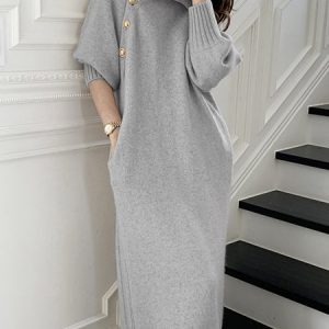 Long sleeve Loose Elegant Plain Midi Dress, Midi Dresses, color:Gray|size:4XL, Stylewe