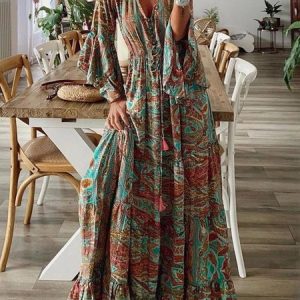 Women Abstract V Neck Long Sleeve Comfy Boho Printing Maxi Dress, Maxi, color:Orange|size:5XL, Noracora