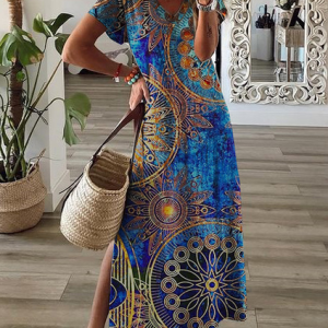 JFN V Neck Tribal Vacation Maxi Dress, Dresses, color:Blue|size:XXL, JustFashionNow