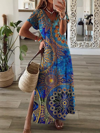 JFN V Neck Tribal Vacation Maxi Dress, Dresses, color:Blue|size:XXL, JustFashionNow