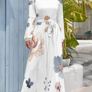 Women Floral Stand Collar Long Sleeve Comfy Simple Maxi Dress, Maxi, color:White|size:XL, Noracora