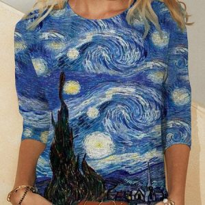 JFN Crew Neck Oil Painting Causal Sweatshirt, T-Shirts, color:Blue|size:XXL, JustFashionNow