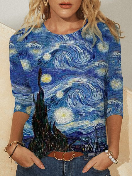 JFN Crew Neck Oil Painting Causal Sweatshirt, T-Shirts, color:Blue|size:XXL, JustFashionNow