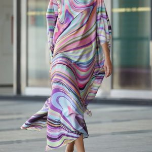 Cold Shoulder Vacation Abstract Loose Dress, Maxi Dresses, color:Multicolor|size:XXL, Stylewe