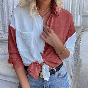 Shirt Collar Long Sleeve Color Block Buckle Regular Loose TUNIC Blouse For Women, Shirts, color:Red|size:XL, Noracora