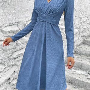 Women Plain V Neck Long Sleeve Comfy Casual Knot Front Midi Dress, Midi, color:Blue|size:XXL, Noracora