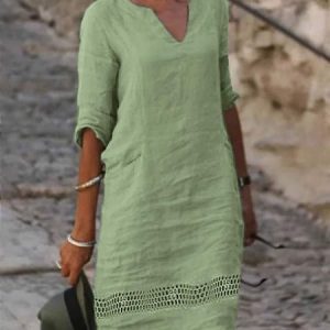 JFN Cotton Plain Notched Loose Dress, JustFashionNow Basic Dresses, color:Green|size:XXL,