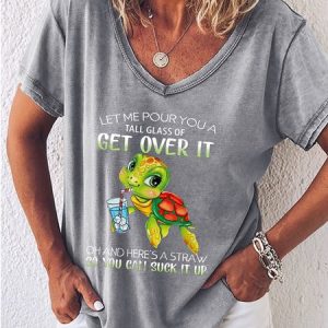 Women's Funny Turtle Let Me Pour You So You Can Suck It Up V Neck Casual T-Shirt, color:Gray|size:3XL, Lilicloth.com