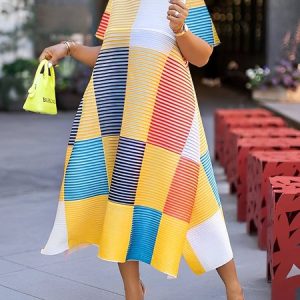 Loose Geometric Crew Neck Vacation Midi Dress, Midi Dresses, color:Yellow|size:XXL, Stylewe
