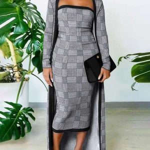 Regular Fit Elegant Plaid Coat With Dress Two-Piece Set, Two-piece Set, color:Gray|size:XXL, Stylewe