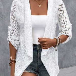 Plain Lace Casual Shawl Collar Kimono, Cardigans, color:White|size:XXL, JustFashionNow
