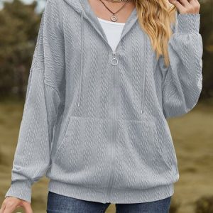 Hoodie Long Sleeve Plain Zipper Regular Micro-Elasticity Loose Jacket For Women, Jackets, color:Gray|size:XXL, Noracora