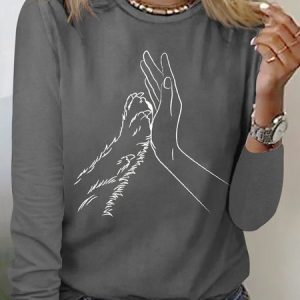 Women's Lover Dog Hand Simple Crew Neck Cotton-Blend Regular Fit Long Sleeve Top, color:Gray|size:3XL, Lilicloth.com