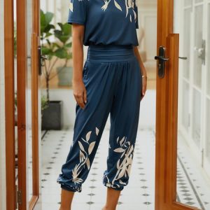 V Neck Casual Floral Pattern Two-Piece Set, Suit Set, color:Green|size:XXL, JustFashionNow