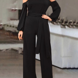 Long Sleeve One Shoulder Loose Long Party Casual Plain Natural For Women, Jumpsuits&Rompers, color:Black|size:XXL, Noracora