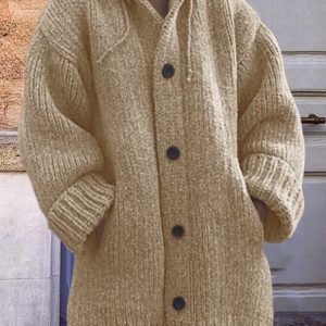 Women's Autumn and Winter Plain Color Long-Sleeve Pocket Loose Cardigan Button Down Knitted Casual Sweater, Sweaters, color:Khaki|size:XXL, JustFashionNow