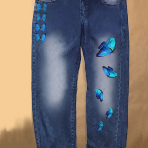 Womens Butterfly Casual Printed Jeans, color:Blue|size:3XL, Lilicloth.com
