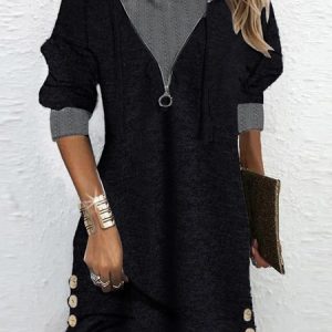 Color Block V Neck Casual Dress, Dresses, color:Black|size:XXL, JustFashionNow