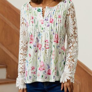Regular Fit V Neck Floral Casual Top, Shirts & Blouses, color:White|size:XXL, JustFashionNow